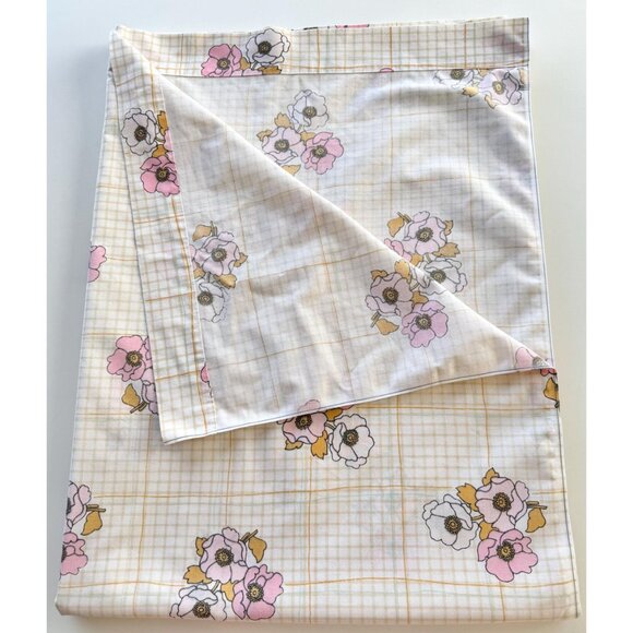 Vintage 70s top/flat sheet, small pink poppy flowers, checkered, twin size - Picture 6 of 8